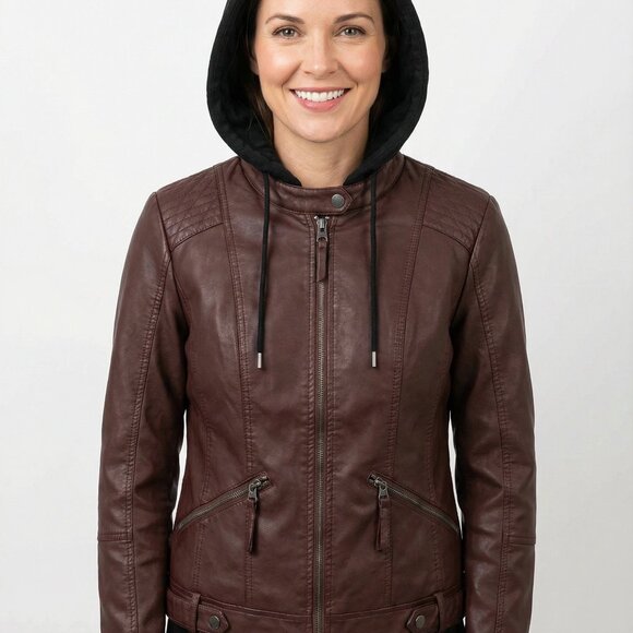 Sebby brown faux leather biker jacket w/black quilted hood/vest size s - Picture 2 of 12